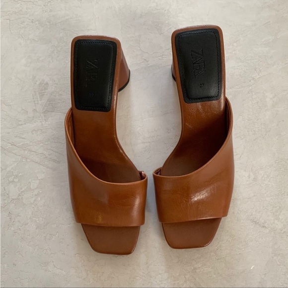 Zara Cognac Asymmetrical Block Heel Sandals - Picture 2 of 7